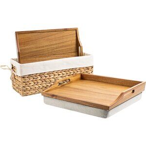 Acacia Wood Bed Tray, Lap Desk - Set of Two - with Hyacinth Storage Basket - Nat